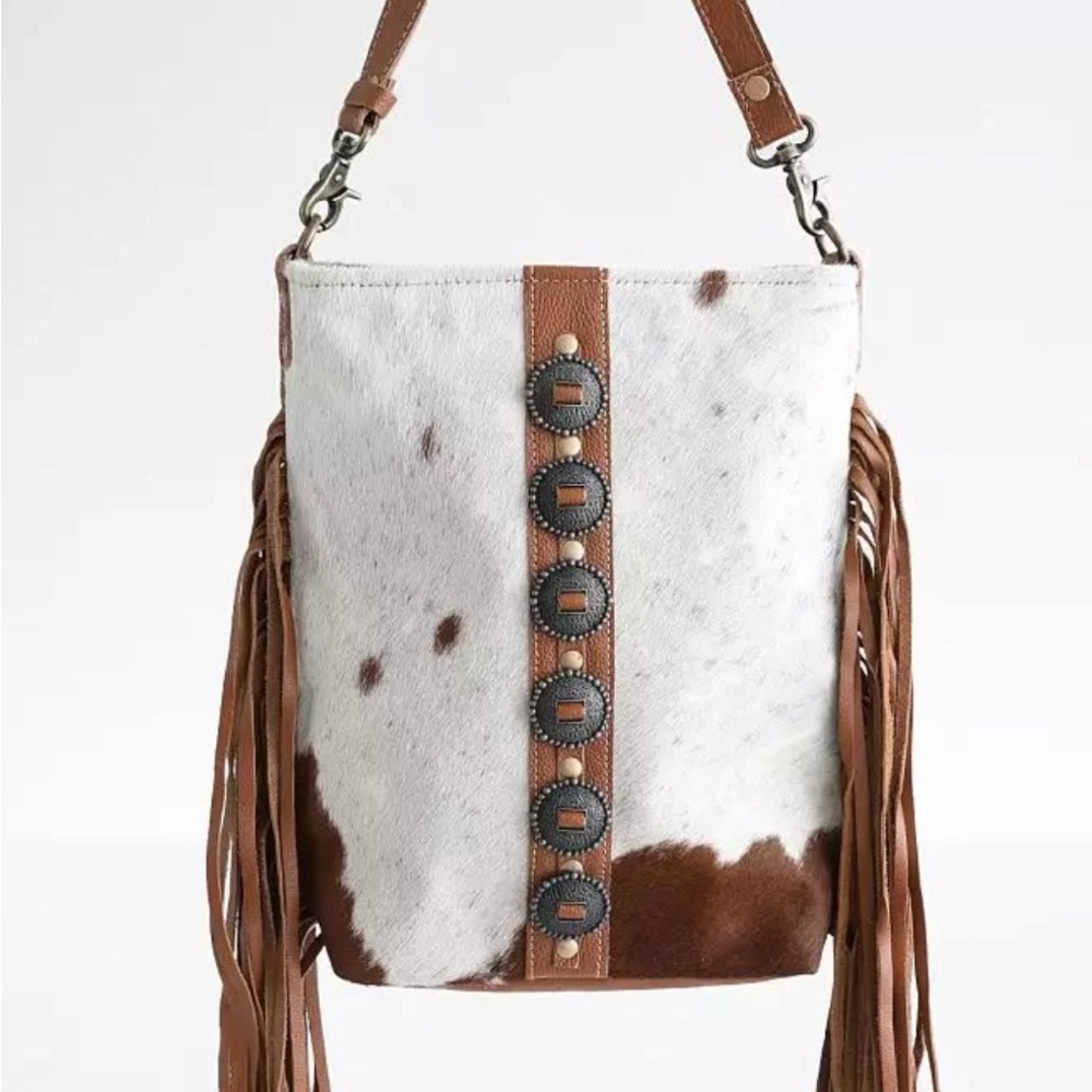 MYRA Flouncy Fringe Bag Genuine Cowhide Leather Western Conchos Crossbody